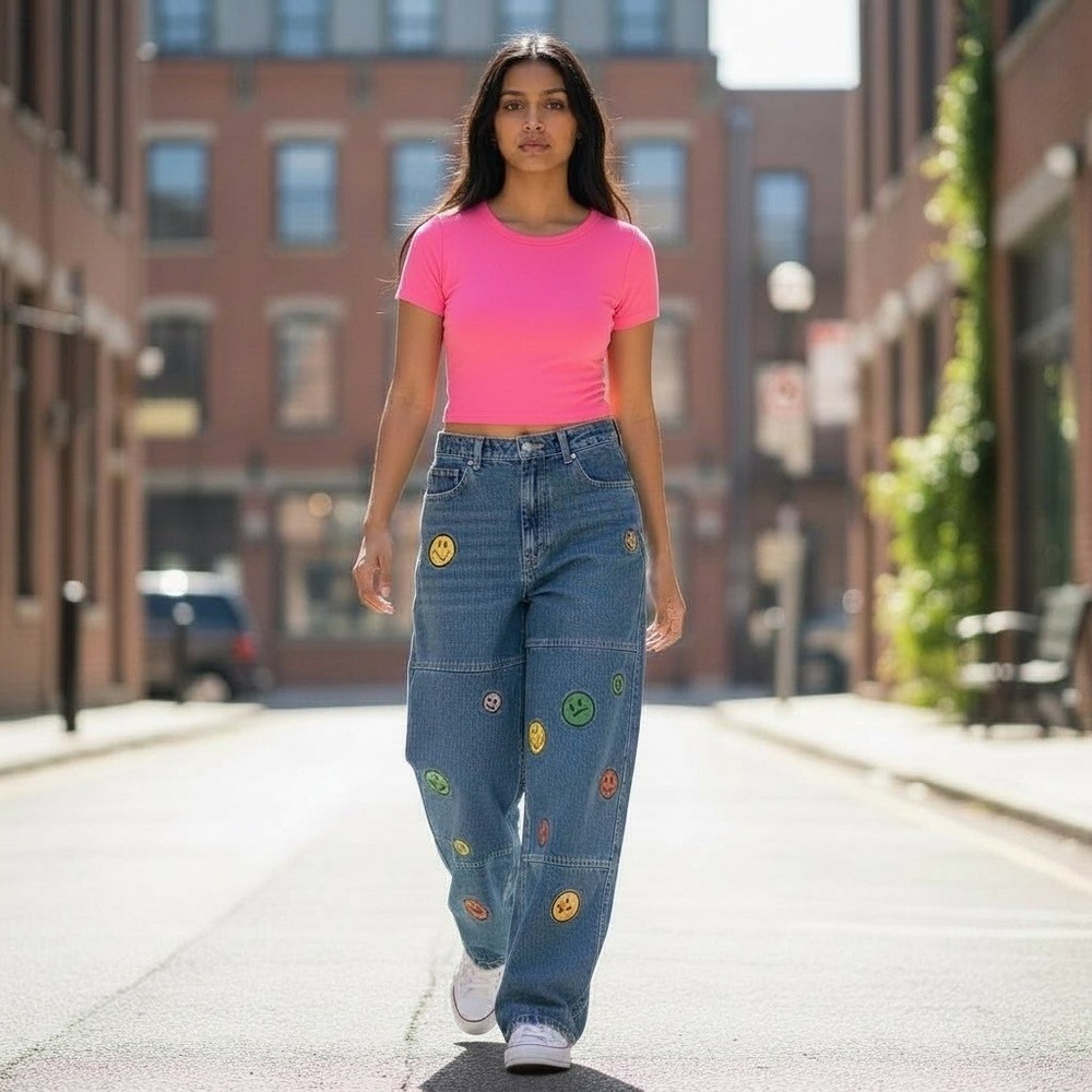 Bershka Jeans 32x28 Super Baggy Wide Leg Smiley Emoji Y2K Streetwear Artsy Retro